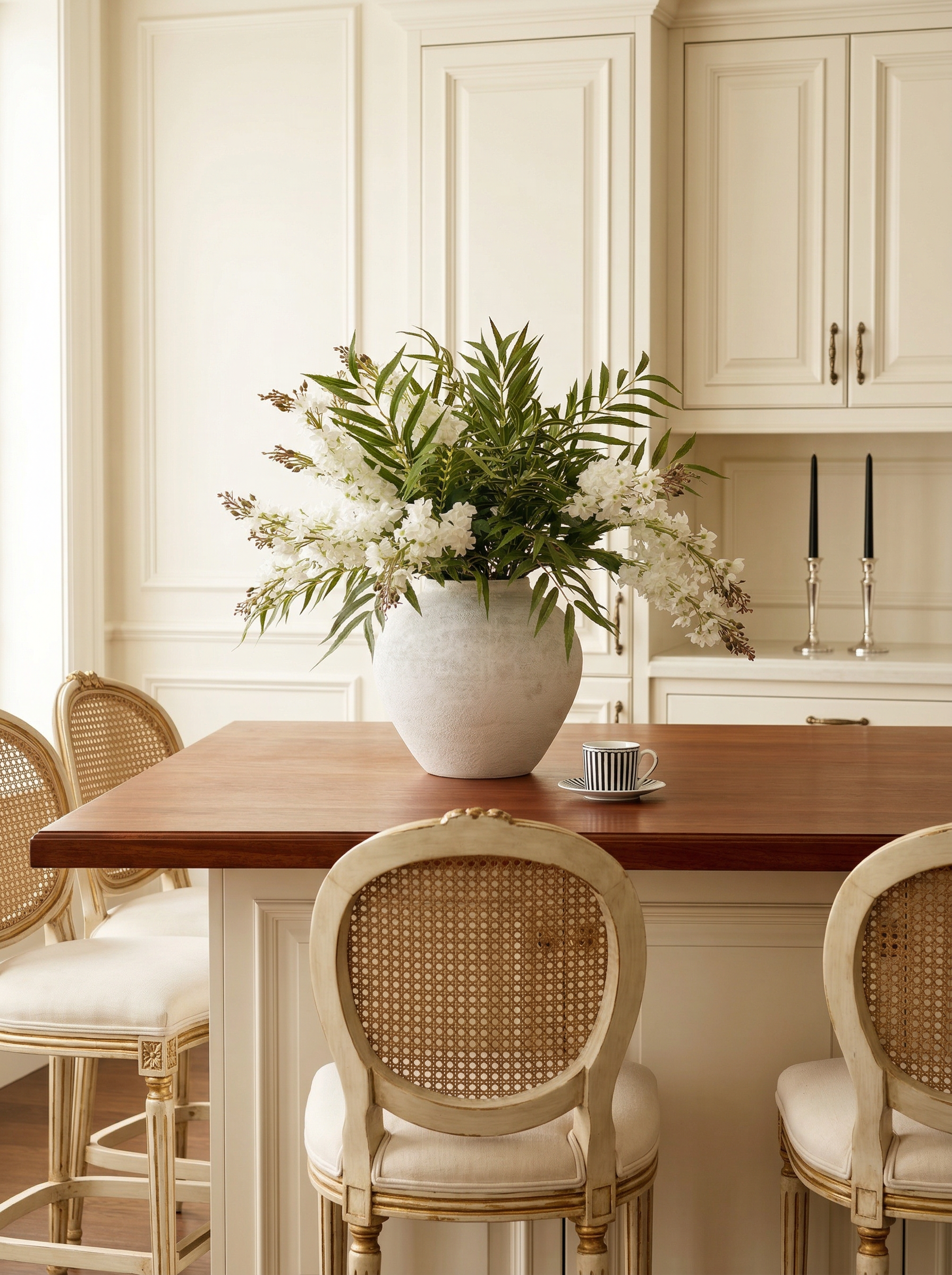 Dining area with a wooden table, white chairs, and a vase of flowers.