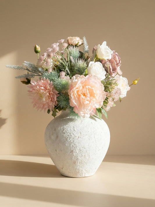Floral arrangement in a textured white vase on a beige background