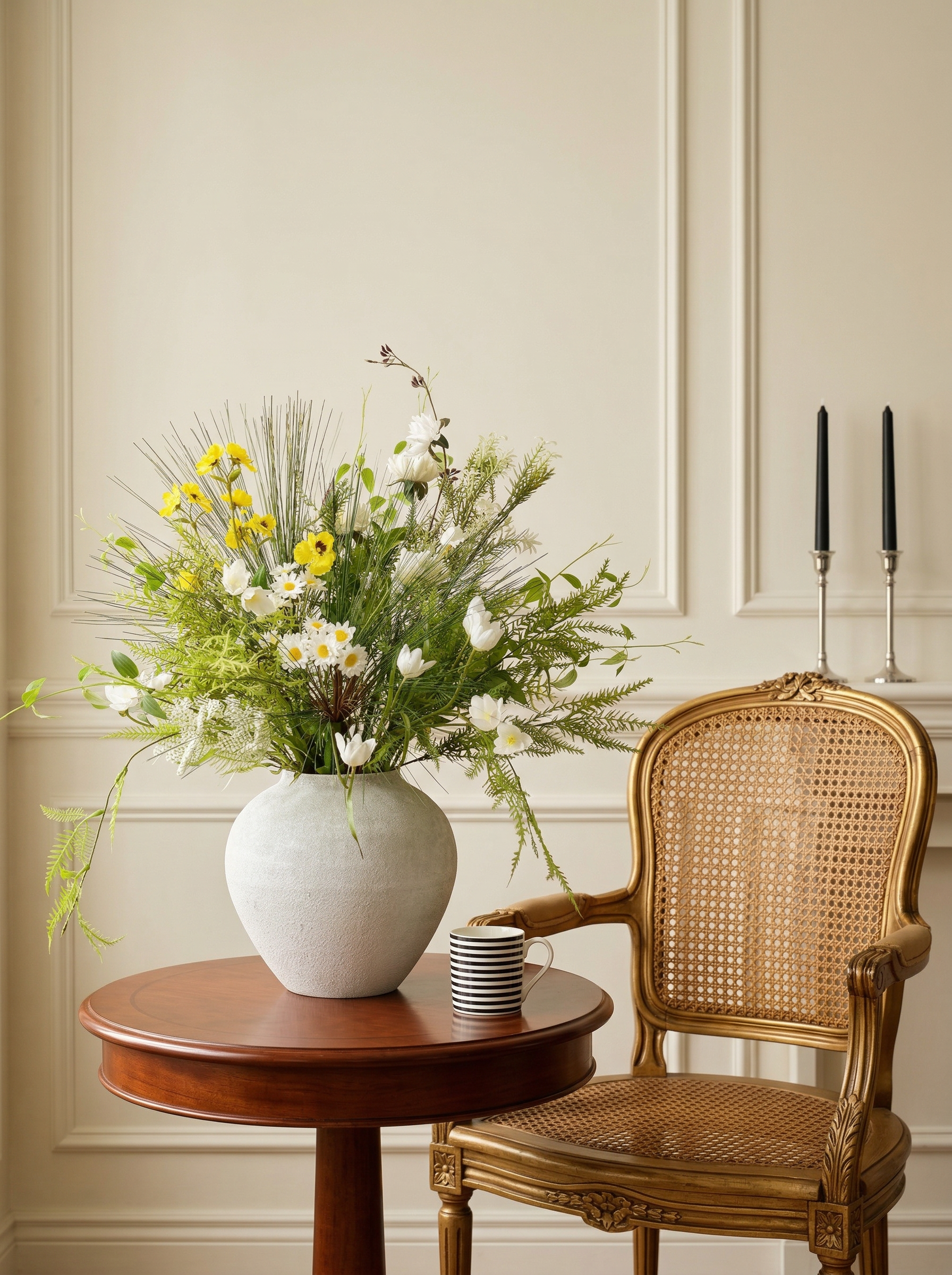 Floral arrangement in a white vase on a wooden table with a wicker chair and candles in the background.